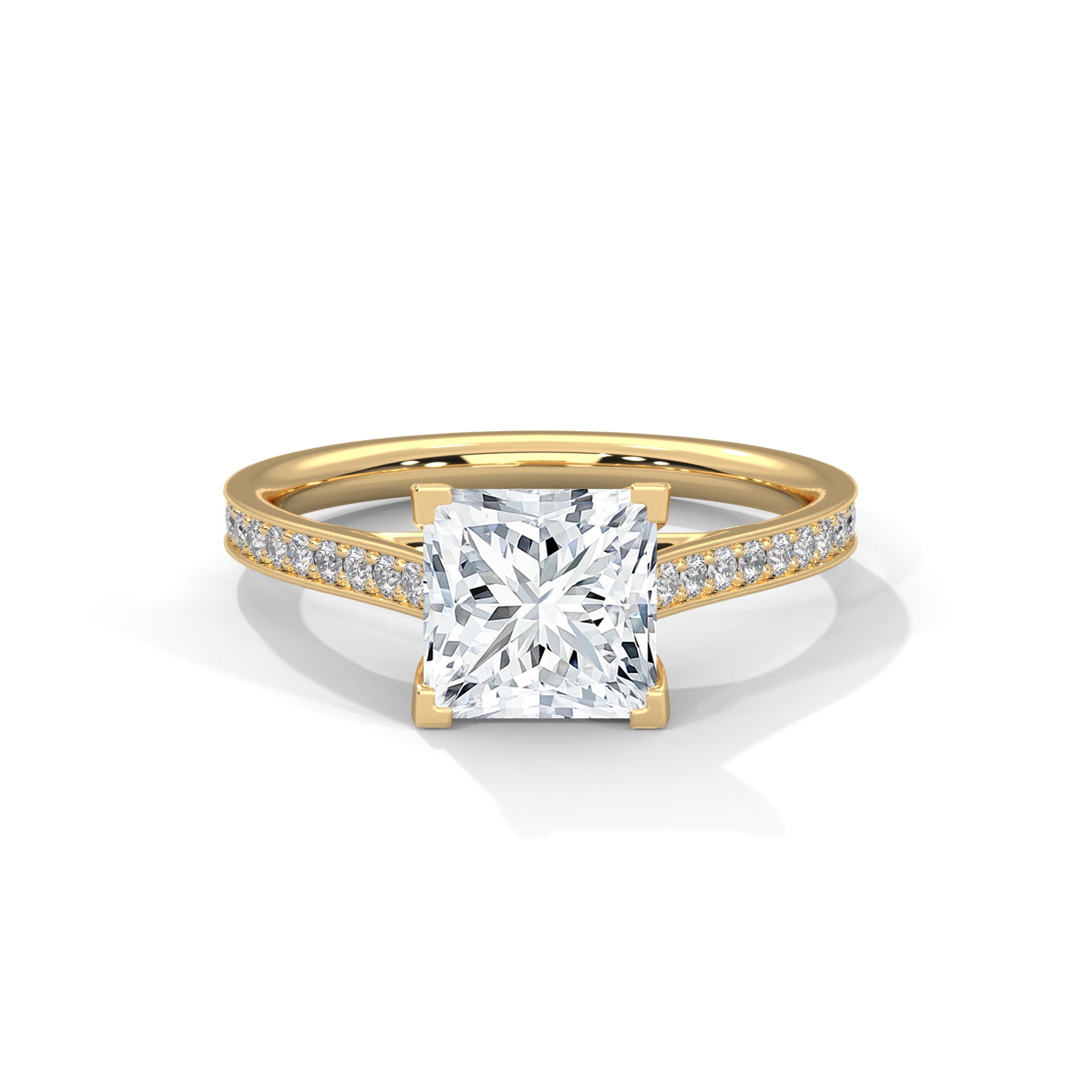 Princess Cut Pavé Diamond Engagement Ring, Classic Yellow Gold Solitaire Band