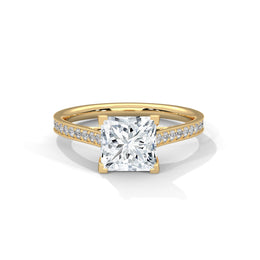Princess Cut Pavé Diamond Engagement Ring, Classic Yellow Gold Solitaire Band