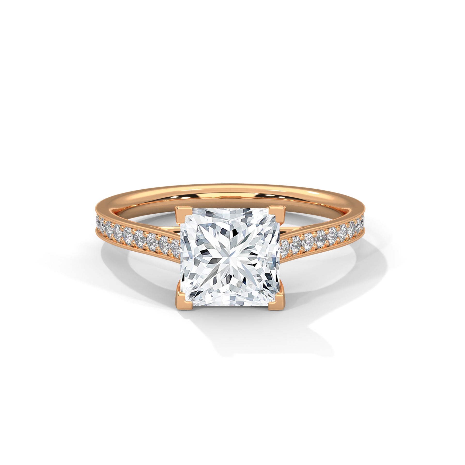 Princess Cut Pavé Diamond Engagement Ring, Classic Yellow Gold Solitaire Band
