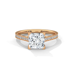 Princess Cut Pavé Diamond Engagement Ring, Classic Yellow Gold Solitaire Band