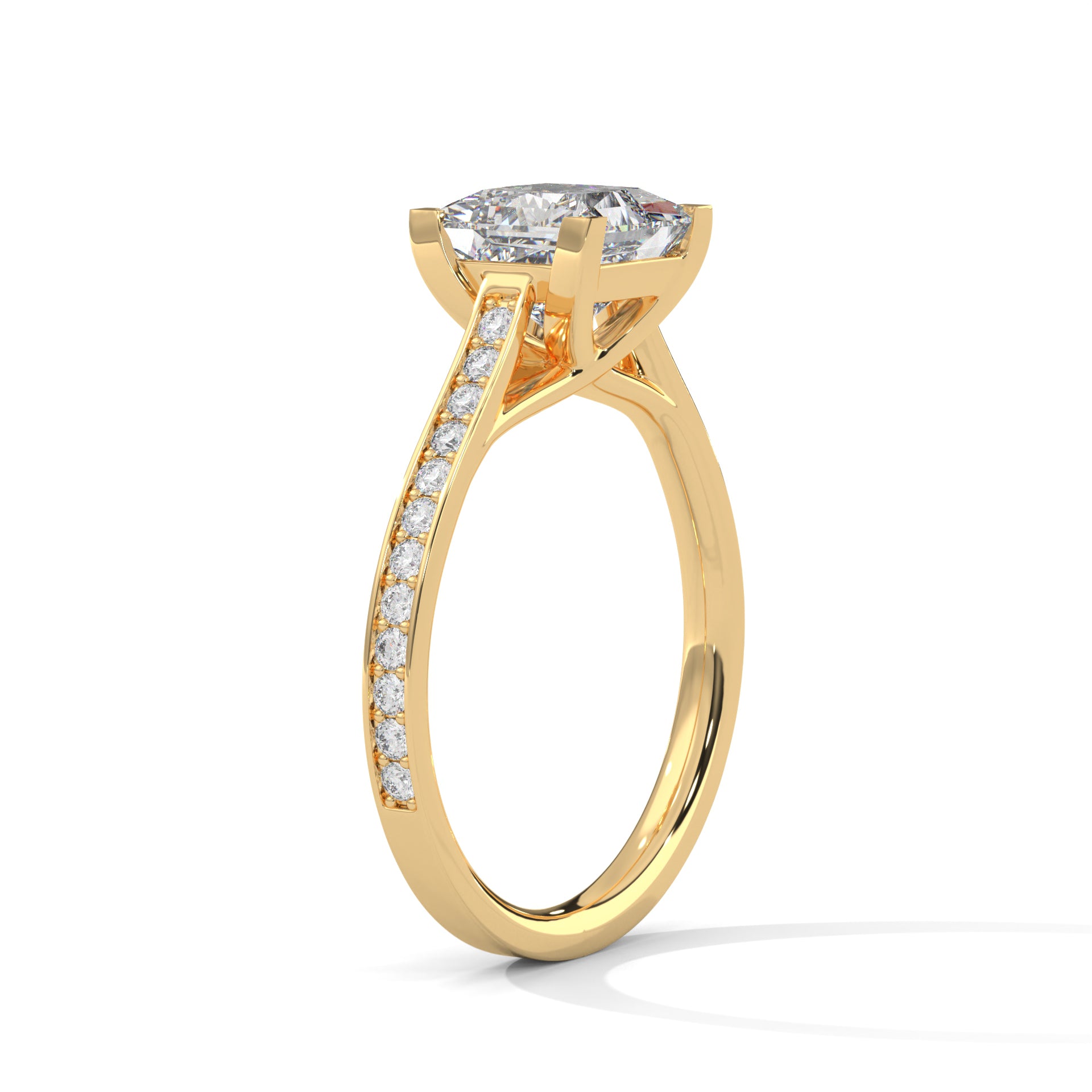 Princess Cut Pavé Diamond Engagement Ring, Classic Yellow Gold Solitaire Band
