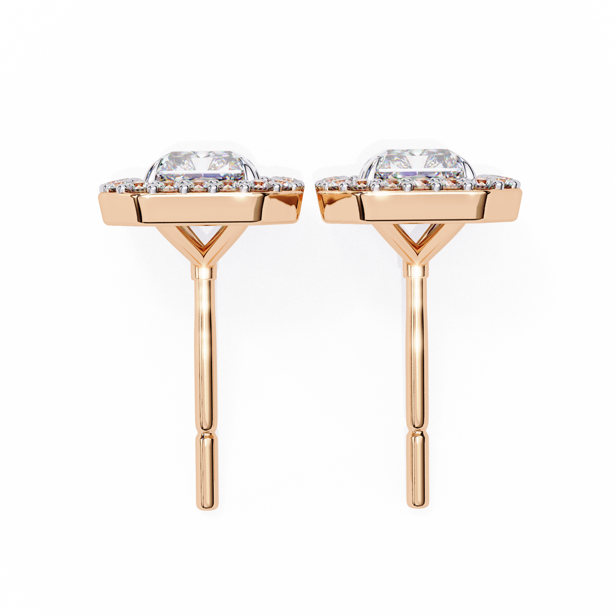 Elegant Radiant Cut Diamond Open-Halo Studs in Gold Frame