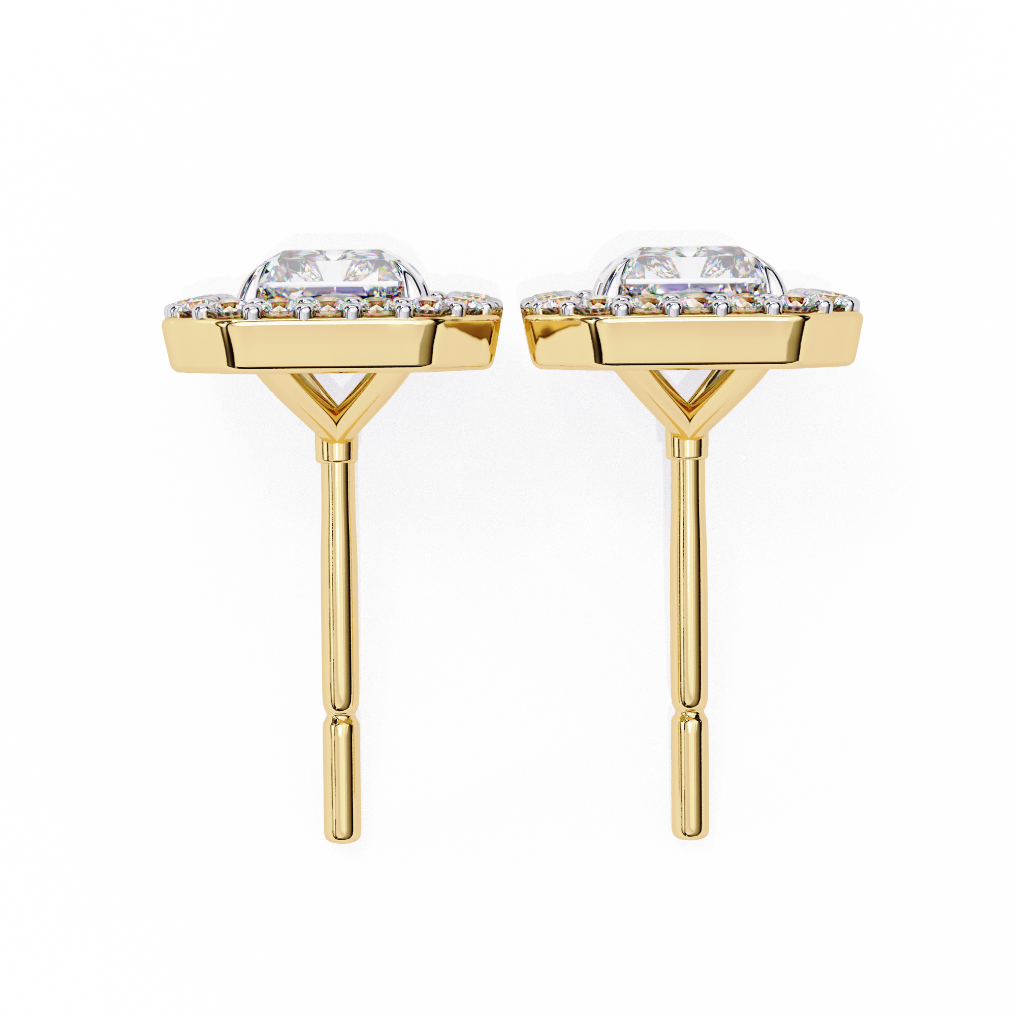 Elegant Radiant Cut Diamond Open-Halo Studs in Gold Frame