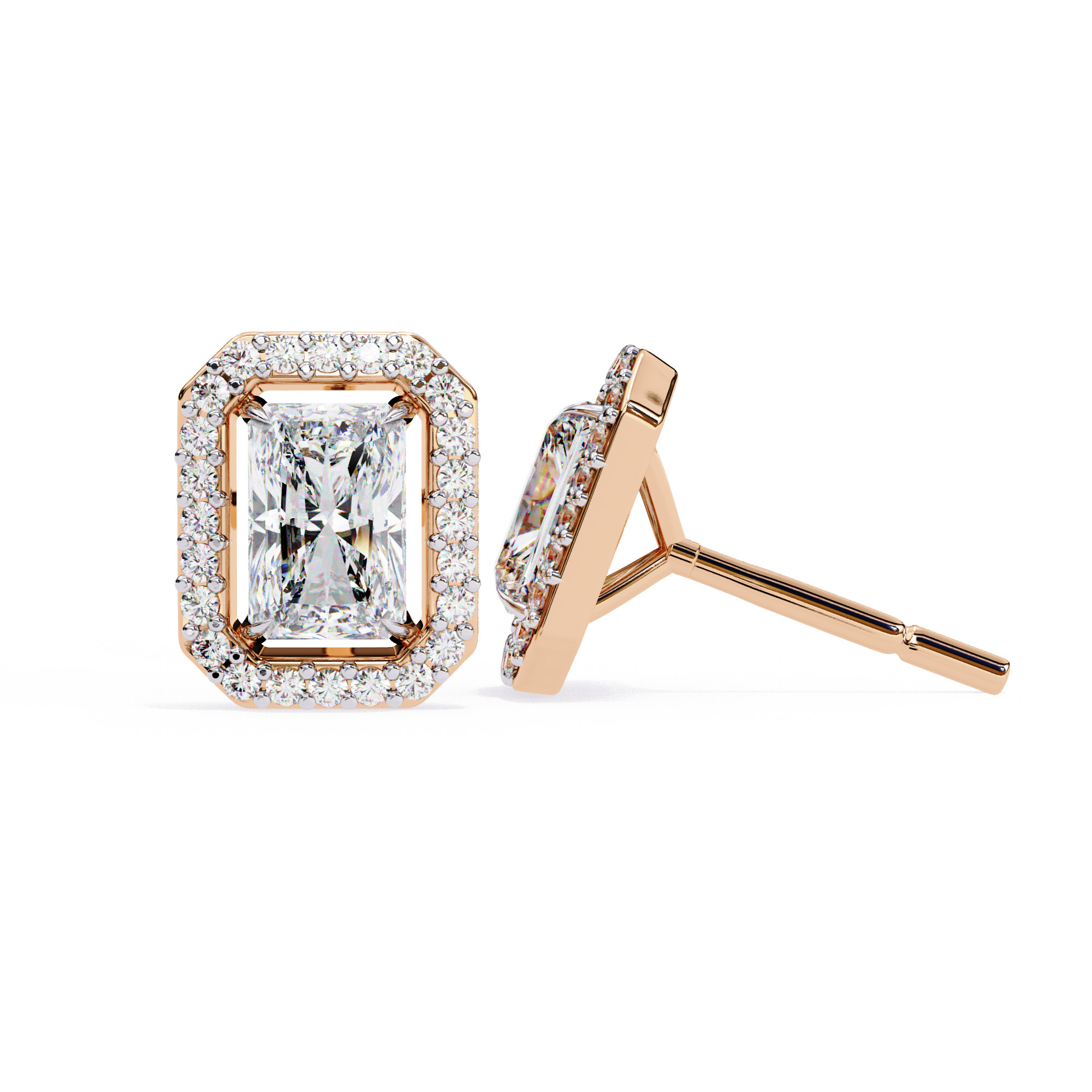 Elegant Radiant Cut Diamond Open-Halo Studs in Gold Frame