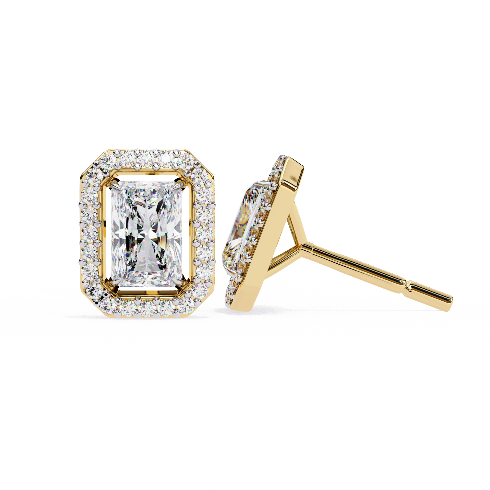 Elegant Radiant Cut Diamond Open-Halo Studs in Gold Frame