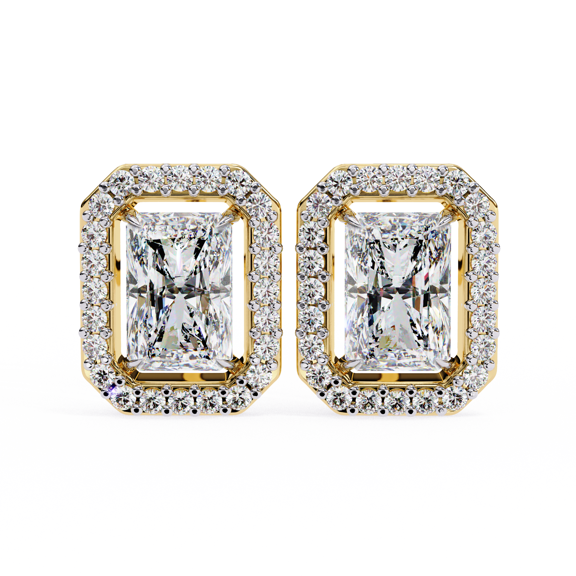 Elegant Radiant Cut Diamond Open-Halo Studs in Gold Frame