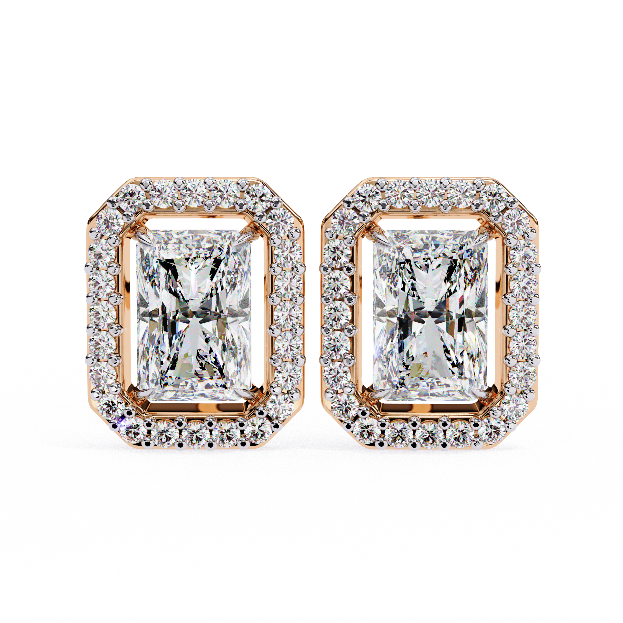 Elegant Radiant Cut Diamond Open-Halo Studs in Gold Frame