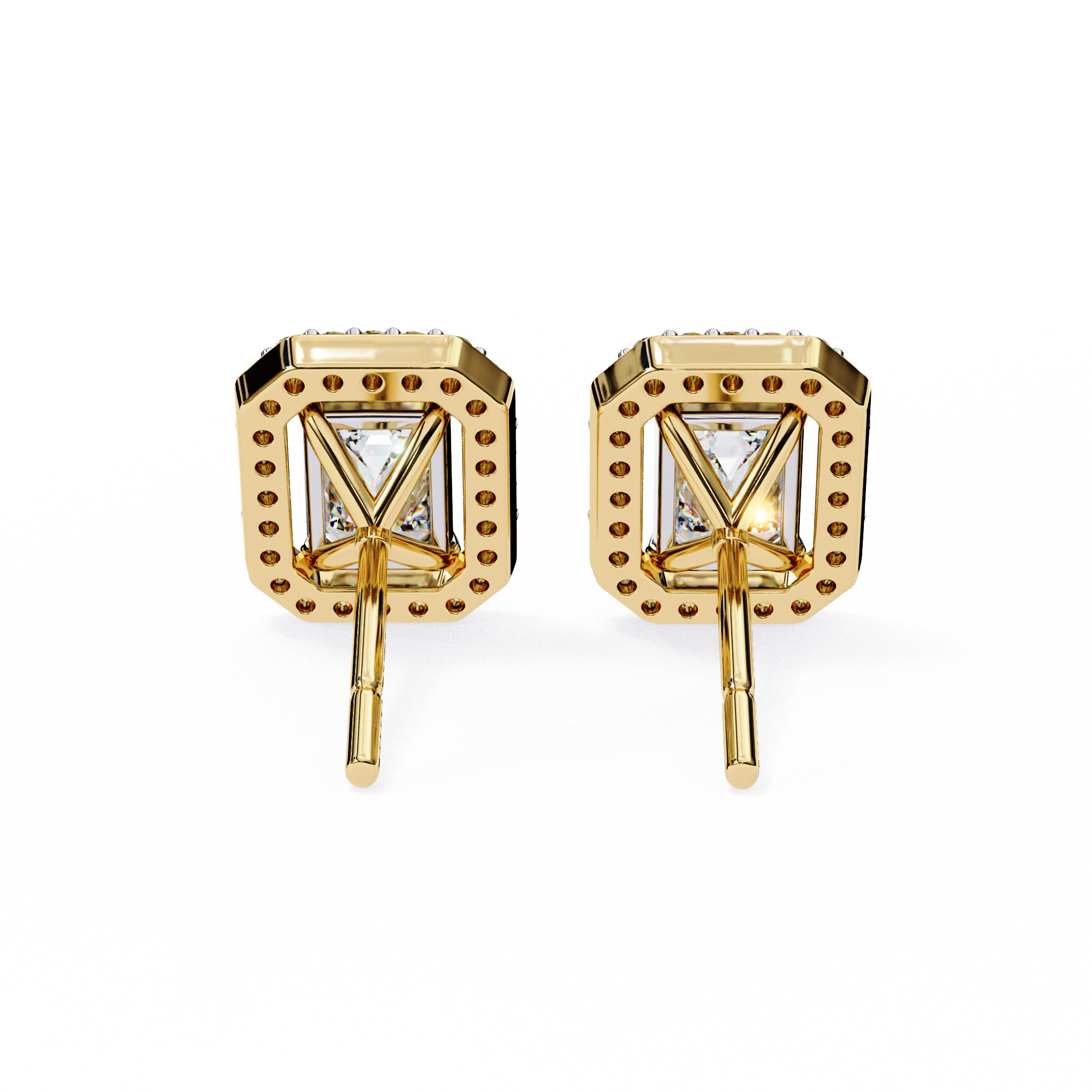 Emerald Cut Moissanite Halo Earrings, 14K Gold Geometric Studs, Floating Halo Bridal Earrings, Unique Gift for He