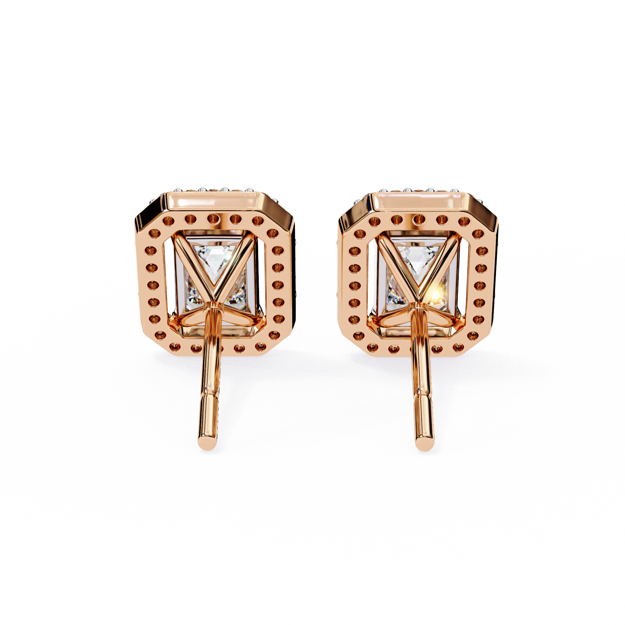 Emerald Cut Moissanite Halo Earrings, 14K Gold Geometric Studs, Floating Halo Bridal Earrings, Unique Gift for He