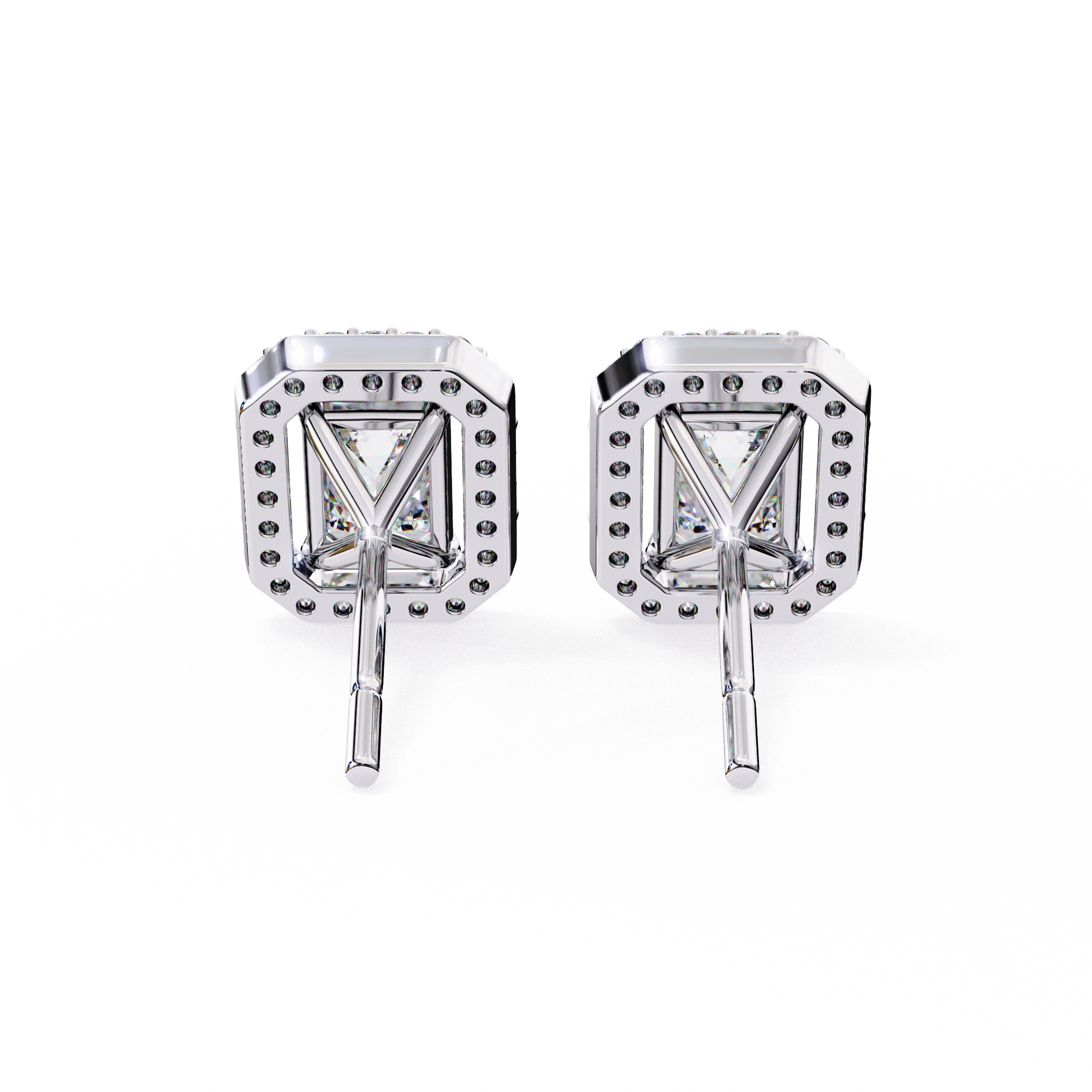 Emerald Cut Moissanite Halo Earrings, 14K Gold Geometric Studs, Floating Halo Bridal Earrings, Unique Gift for He