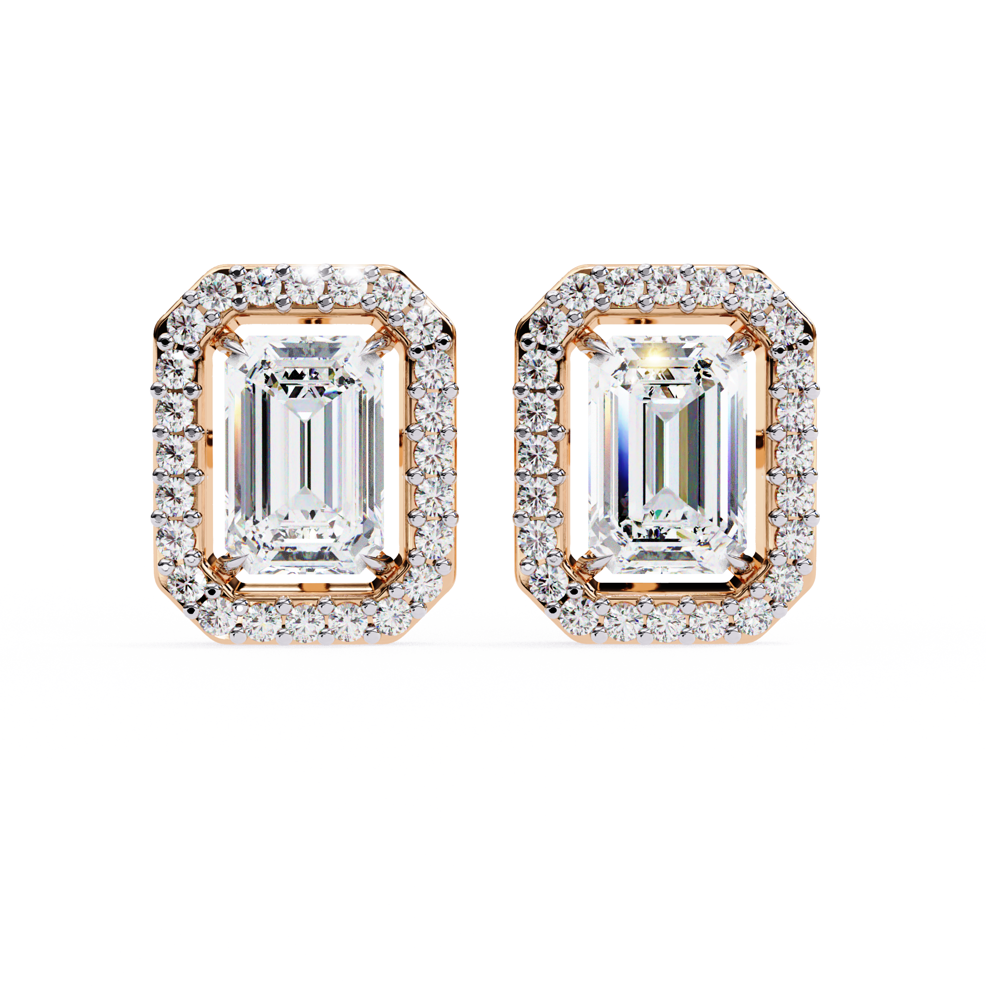 Emerald Cut Moissanite Halo Earrings, 14K Gold Geometric Studs, Floating Halo Bridal Earrings, Unique Gift for He