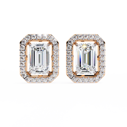 Emerald Cut Moissanite Halo Earrings, 14K Gold Geometric Studs, Floating Halo Bridal Earrings, Unique Gift for He