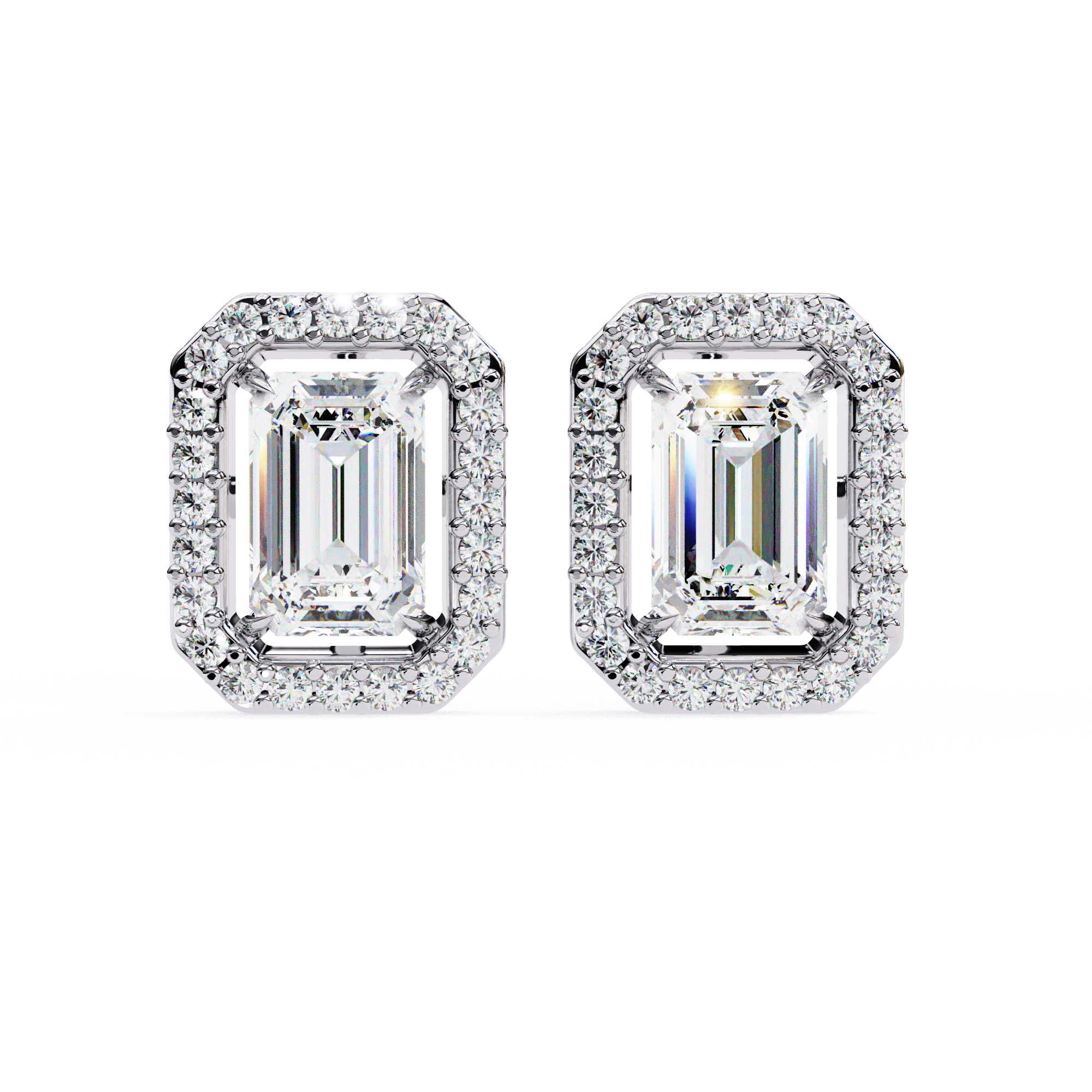 Emerald Cut Moissanite Halo Earrings, 14K Gold Geometric Studs, Floating Halo Bridal Earrings, Unique Gift for He