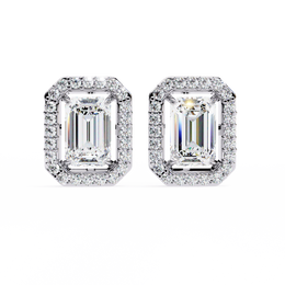 Emerald Cut Moissanite Halo Earrings, 14K Gold Geometric Studs, Floating Halo Bridal Earrings, Unique Gift for He