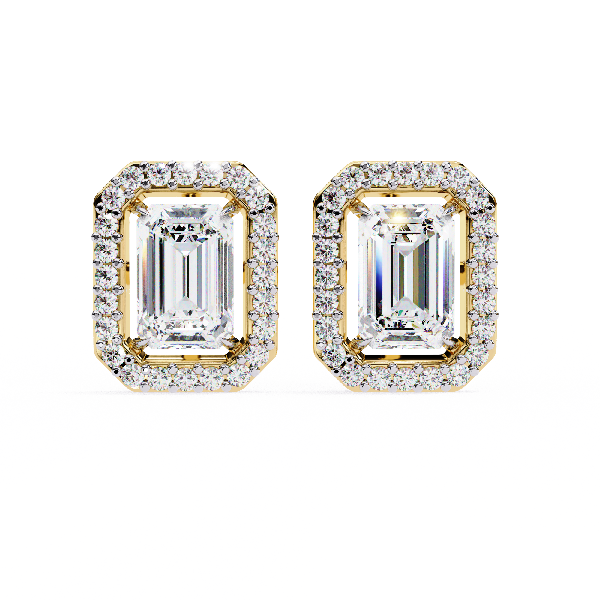 Emerald Cut Moissanite Halo Earrings, 14K Gold Geometric Studs, Floating Halo Bridal Earrings, Unique Gift for He