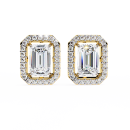 Emerald Cut Moissanite Halo Earrings, 14K Gold Geometric Studs, Floating Halo Bridal Earrings, Unique Gift for He