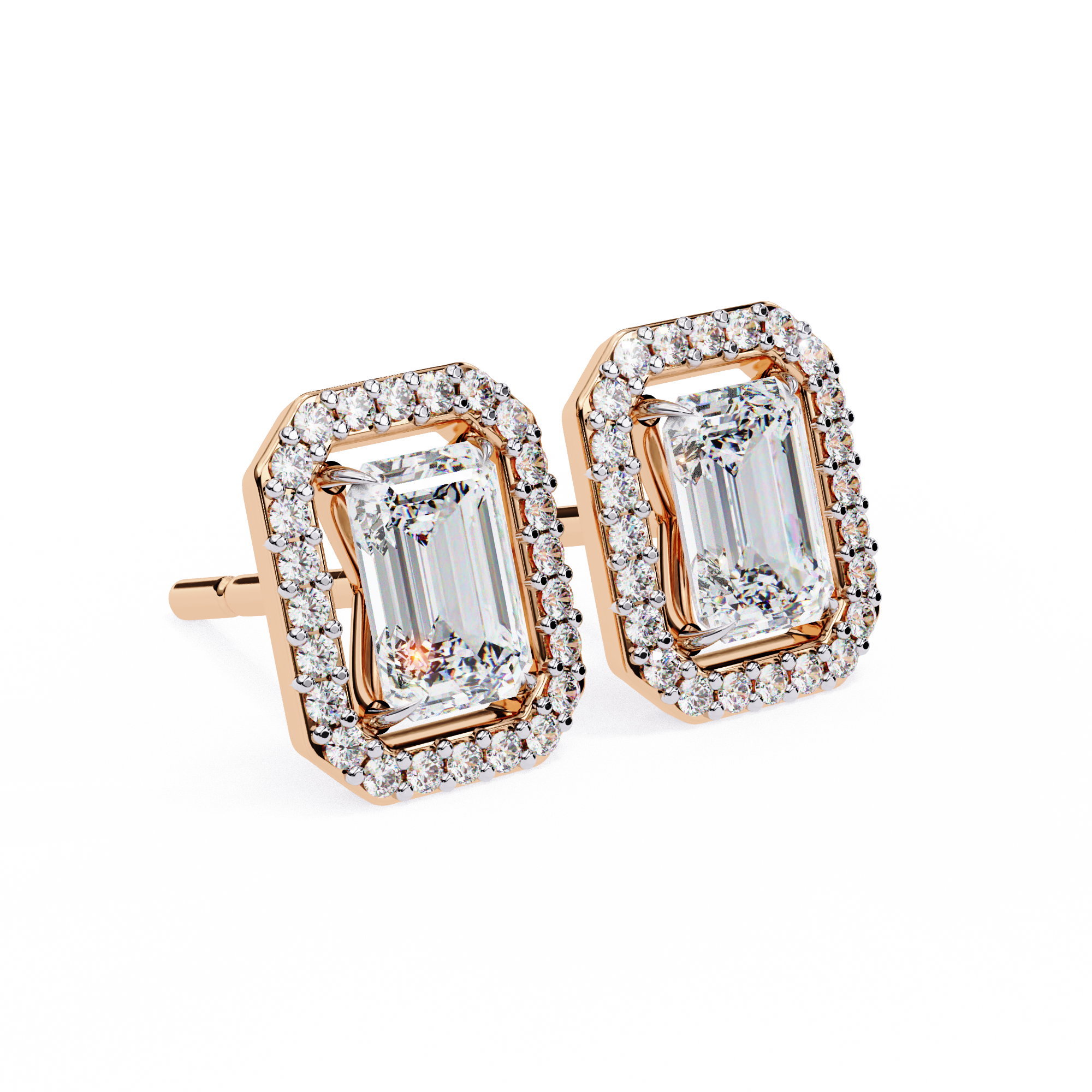 Emerald Cut Moissanite Halo Earrings, 14K Gold Geometric Studs, Floating Halo Bridal Earrings, Unique Gift for He