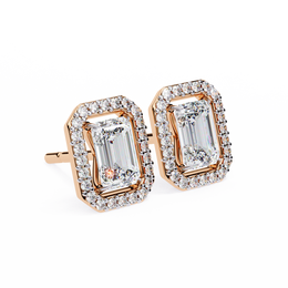 Emerald Cut Moissanite Halo Earrings, 14K Gold Geometric Studs, Floating Halo Bridal Earrings, Unique Gift for He