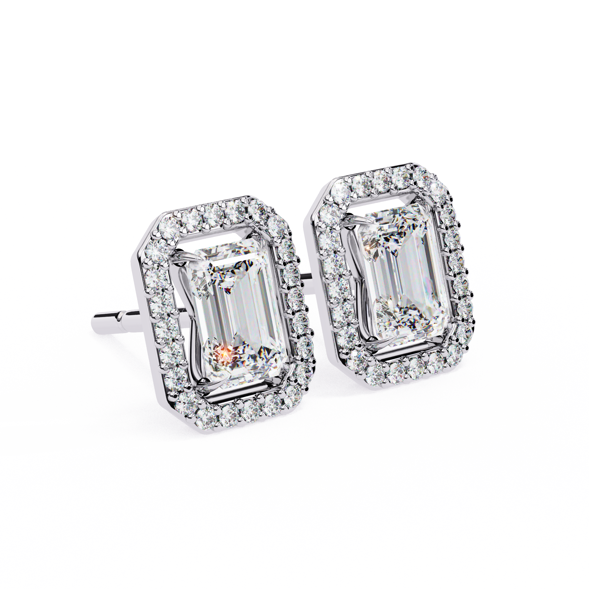 Emerald Cut Moissanite Halo Earrings, 14K Gold Geometric Studs, Floating Halo Bridal Earrings, Unique Gift for He