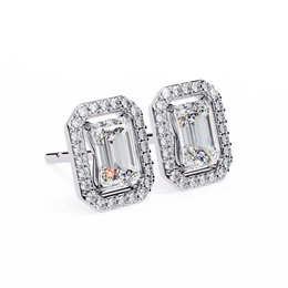 Emerald Cut Moissanite Halo Earrings, 14K Gold Geometric Studs, Floating Halo Bridal Earrings, Unique Gift for He
