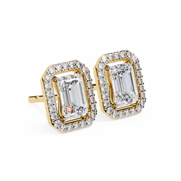 Emerald Cut Moissanite Halo Earrings, 14K Gold Geometric Studs, Floating Halo Bridal Earrings, Unique Gift for He