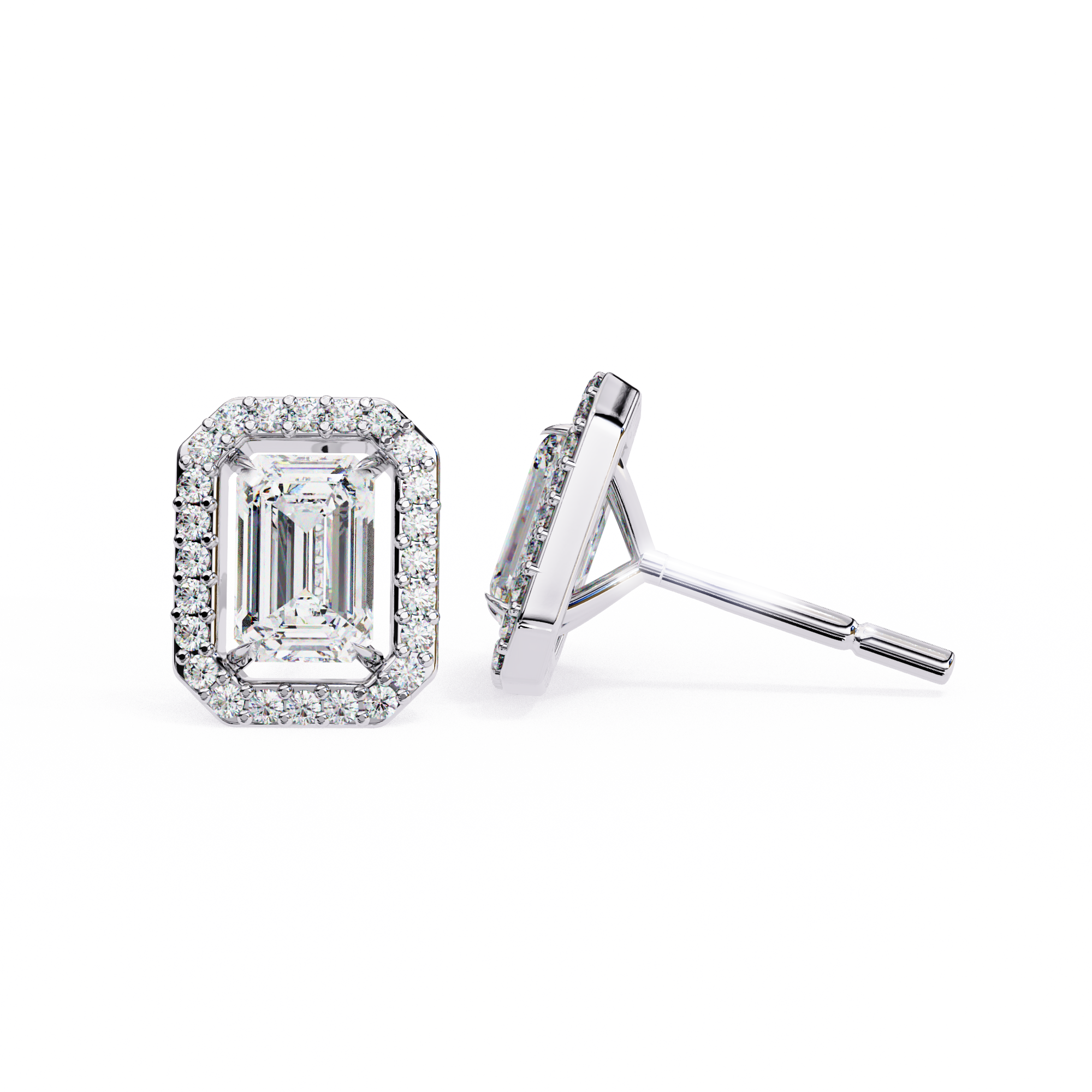 Emerald Cut Moissanite Halo Earrings, 14K Gold Geometric Studs, Floating Halo Bridal Earrings, Unique Gift for He