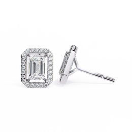 Emerald Cut Moissanite Halo Earrings, 14K Gold Geometric Studs, Floating Halo Bridal Earrings, Unique Gift for He