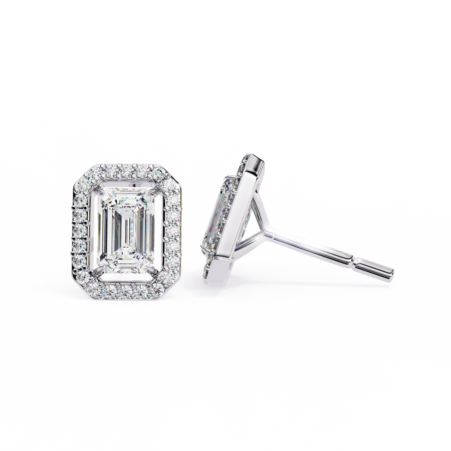 Emerald Cut Moissanite Halo Earrings, 18K Gold Geometric Studs, Floating Halo Bridal Earrings, Unique Gift for He