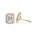 Emerald Cut Moissanite Halo Earrings, 14K Gold Geometric Studs, Floating Halo Bridal Earrings, Unique Gift for He