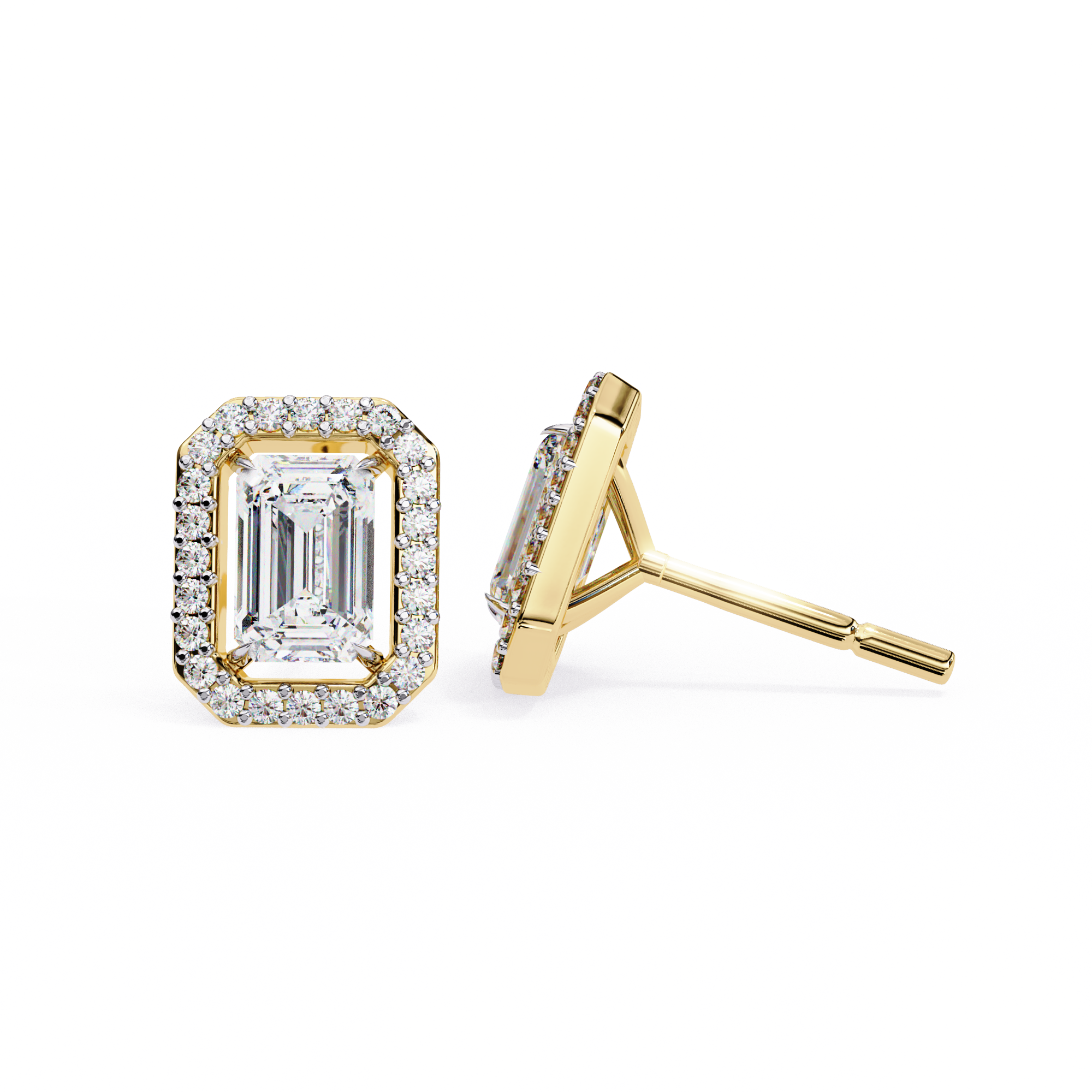 Emerald Cut Moissanite Halo Earrings, 14K Gold Geometric Studs, Floating Halo Bridal Earrings, Unique Gift for He
