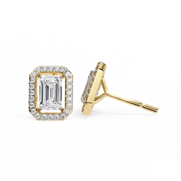 Emerald Cut Moissanite Halo Earrings, 14K Gold Geometric Studs, Floating Halo Bridal Earrings, Unique Gift for He