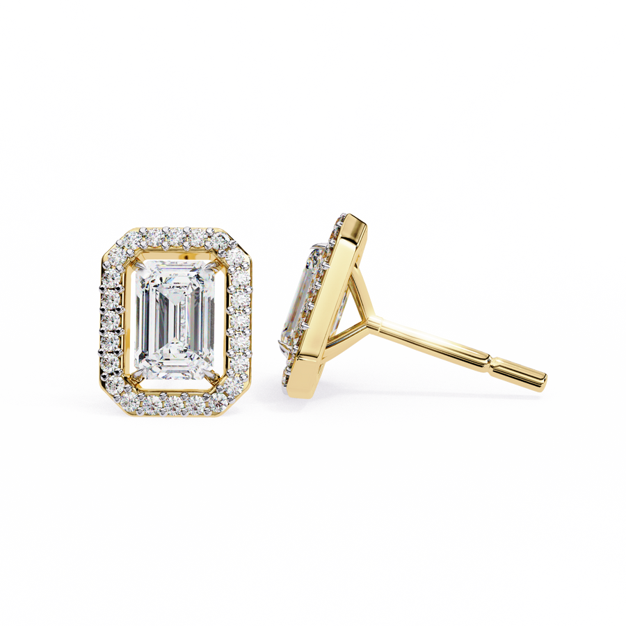 Emerald Cut Moissanite Halo Earrings, 18K Gold Geometric Studs, Floating Halo Bridal Earrings, Unique Gift for He