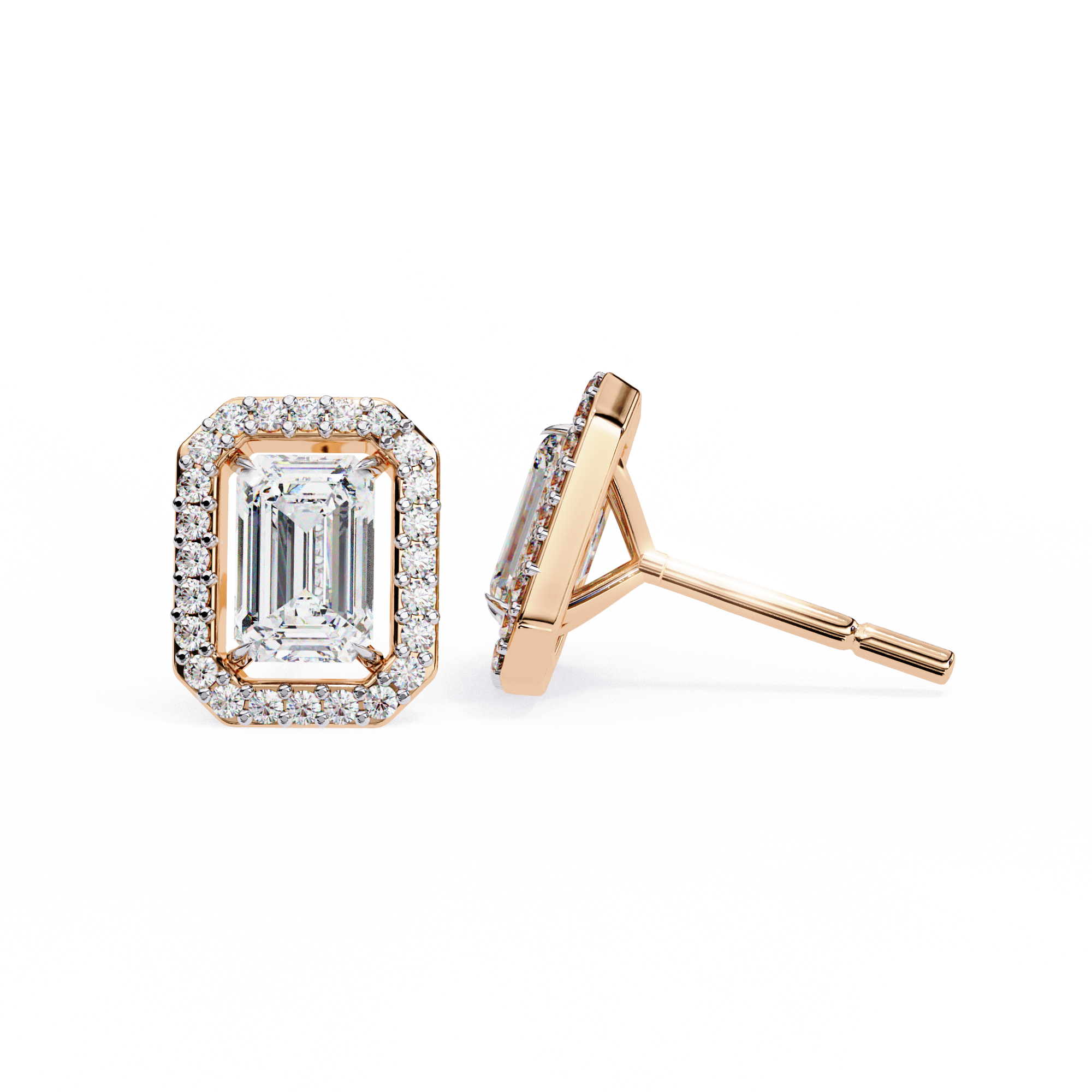 Emerald Cut Moissanite Halo Earrings, 14K Gold Geometric Studs, Floating Halo Bridal Earrings, Unique Gift for He