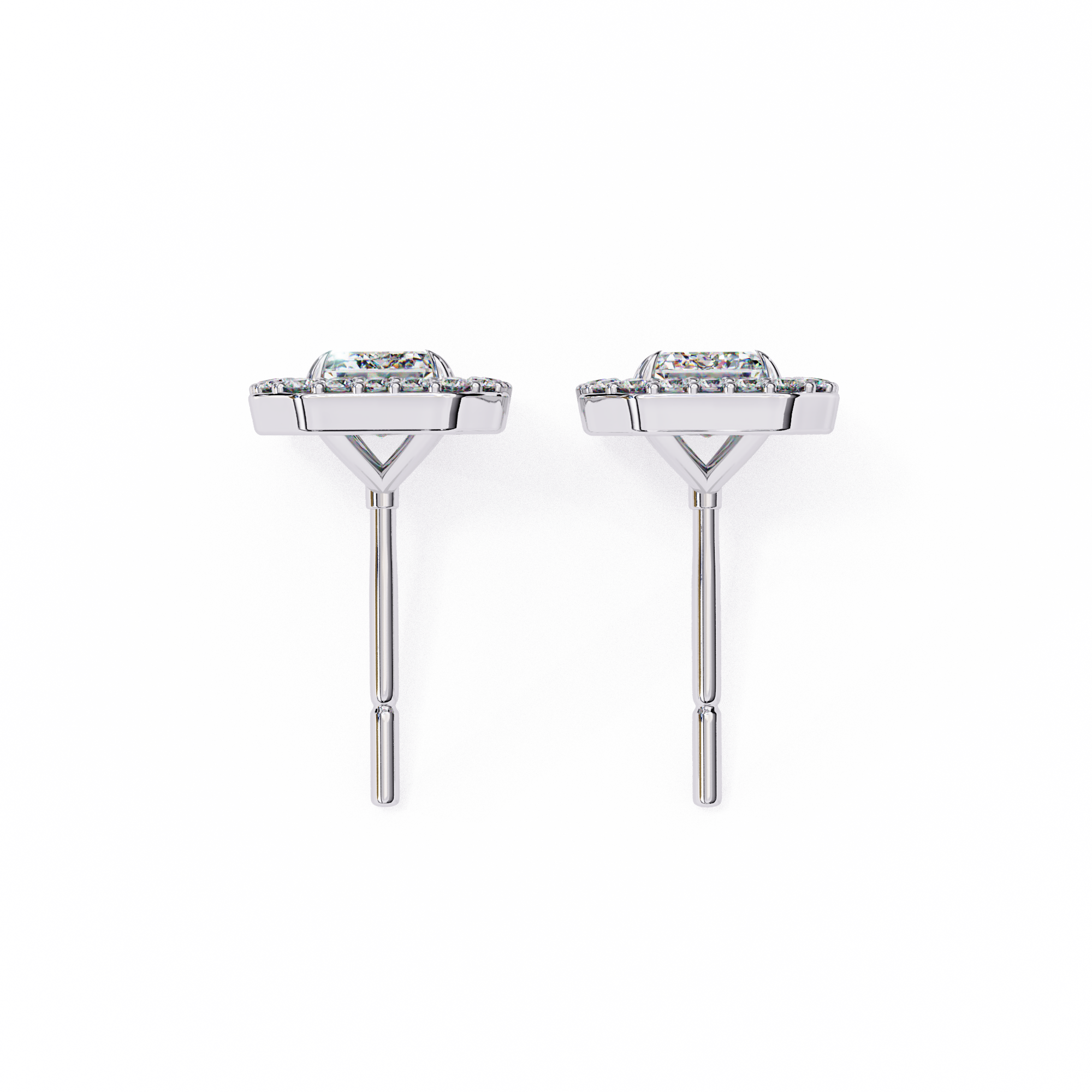 Emerald Cut Moissanite Halo Earrings, 14K Gold Geometric Studs, Floating Halo Bridal Earrings, Unique Gift for He