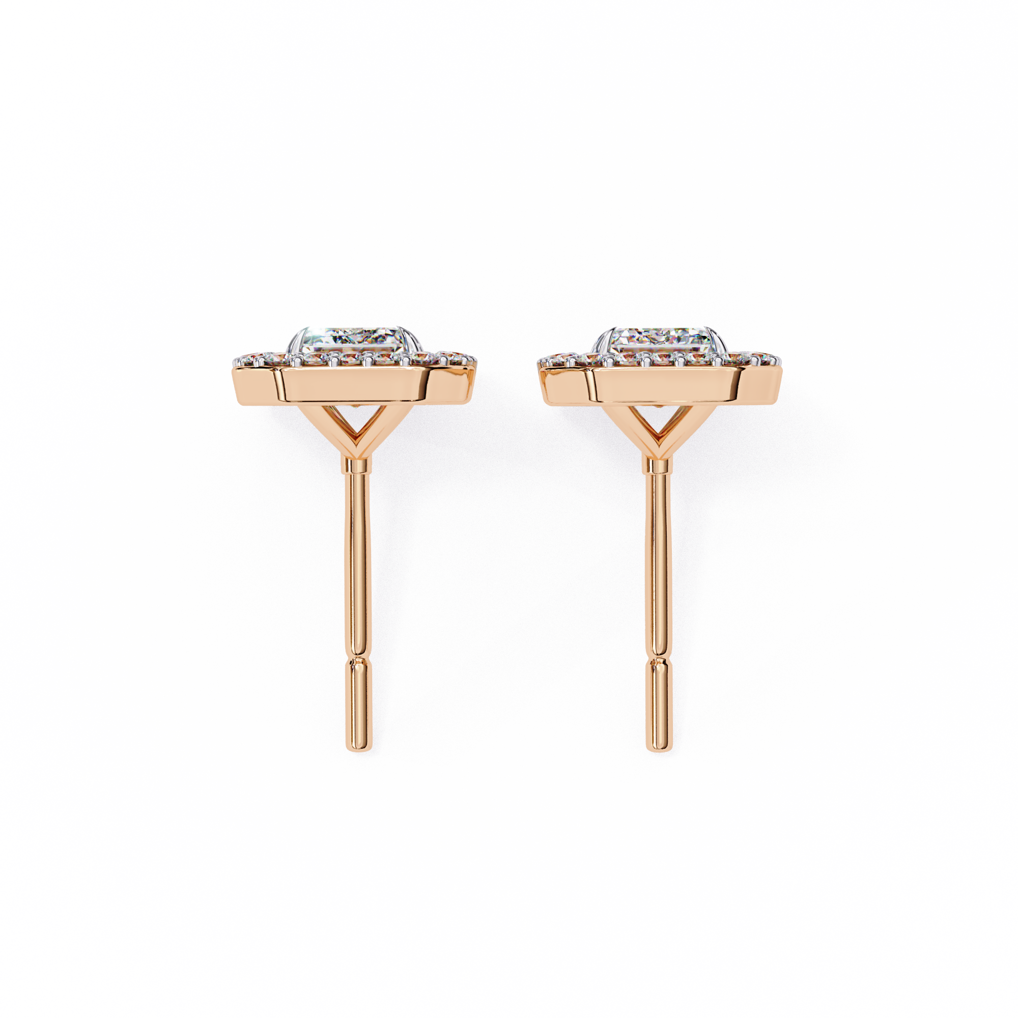 Emerald Cut Moissanite Halo Earrings, 14K Gold Geometric Studs, Floating Halo Bridal Earrings, Unique Gift for He