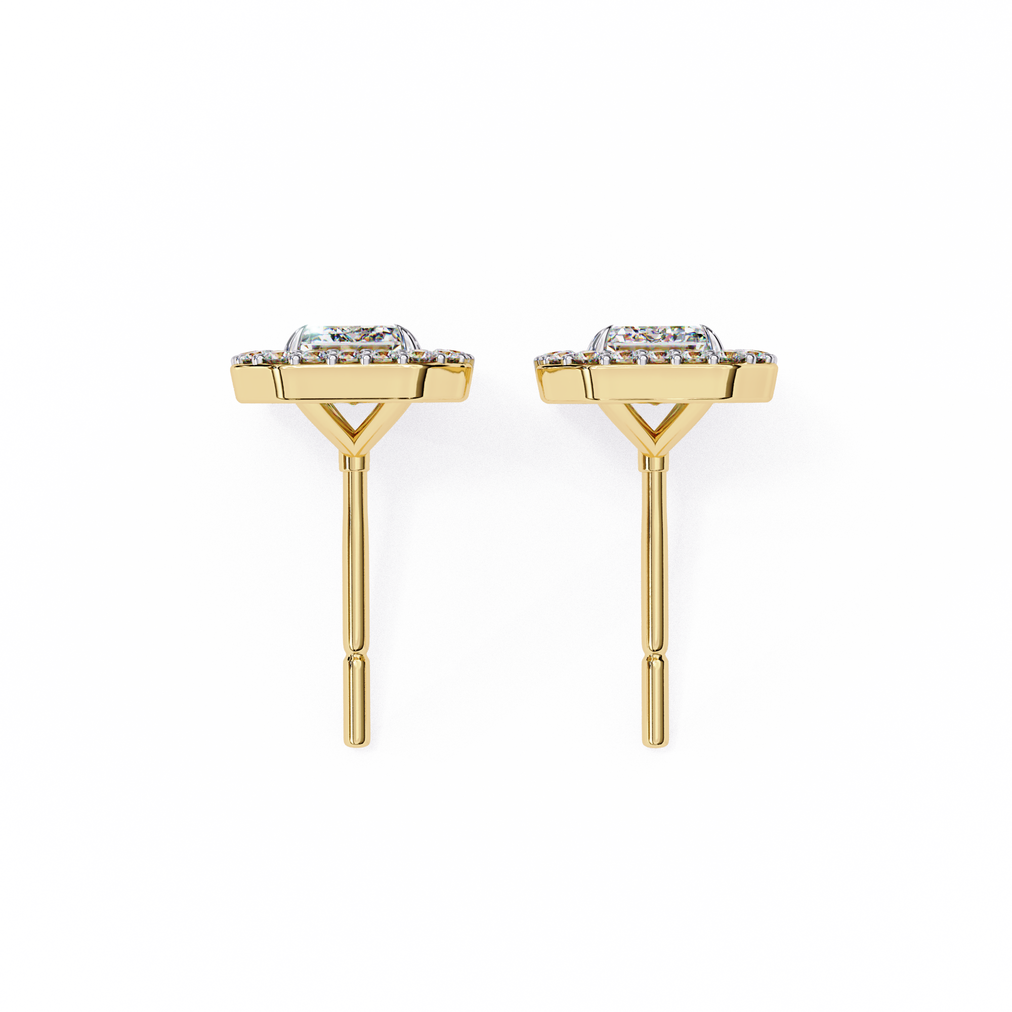 Emerald Cut Moissanite Halo Earrings, 14K Gold Geometric Studs, Floating Halo Bridal Earrings, Unique Gift for He