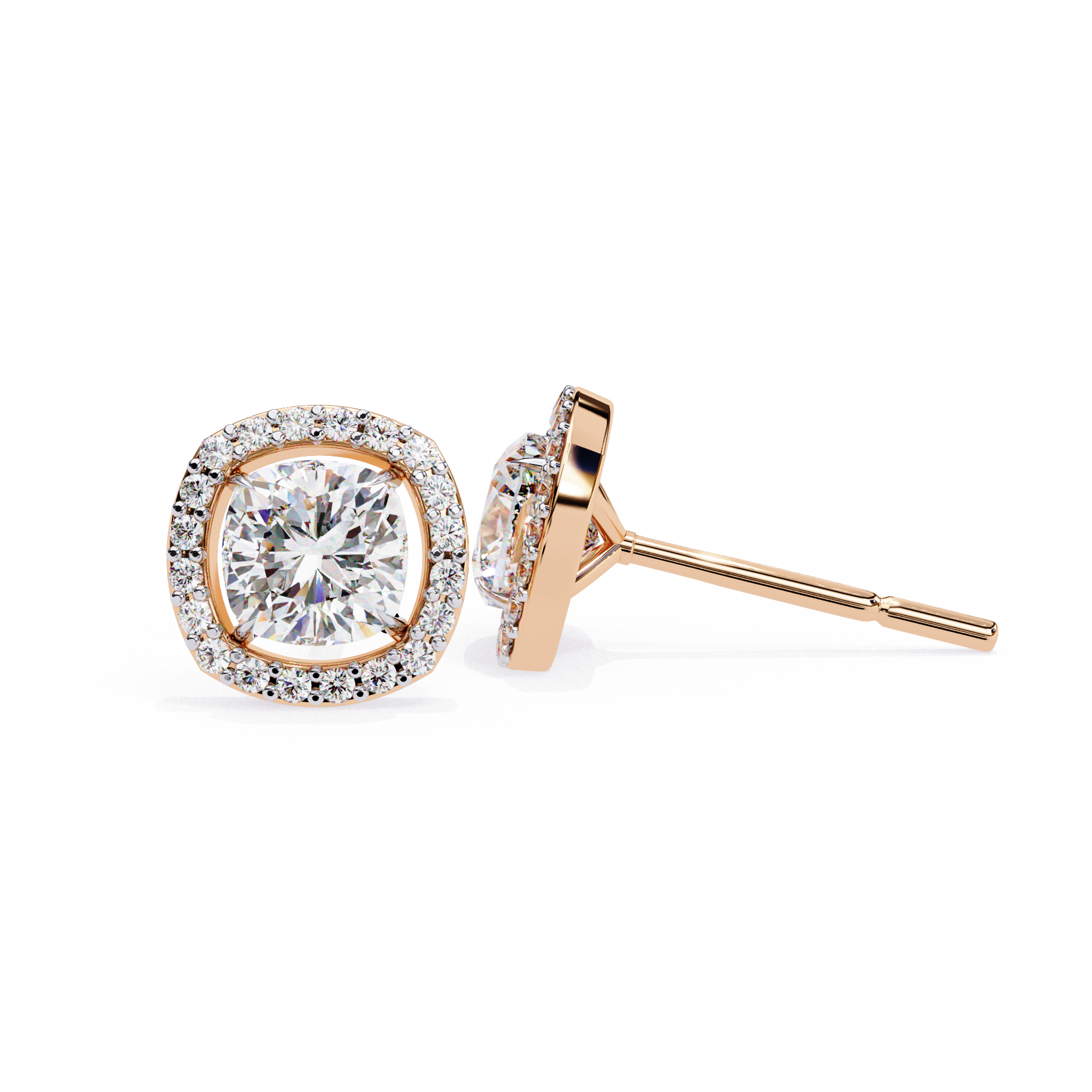 Cushion Cut Moissanite Halo Earrings, 18K Rose Gold Cushion Studs, Floating Halo Bridal Earrings, Unique Anniversary Gift for Her