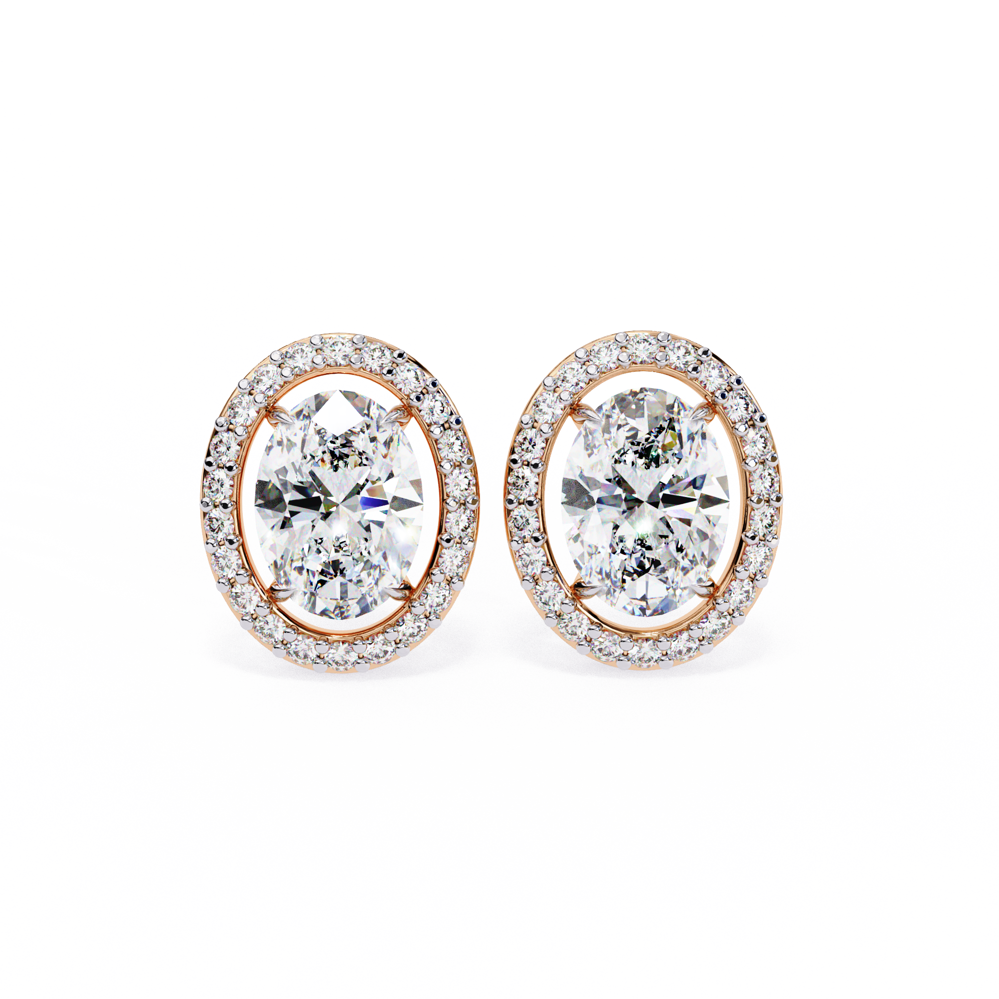 Oval Cut Diamond Floating Halo Stud Earrings in 18k White Gold