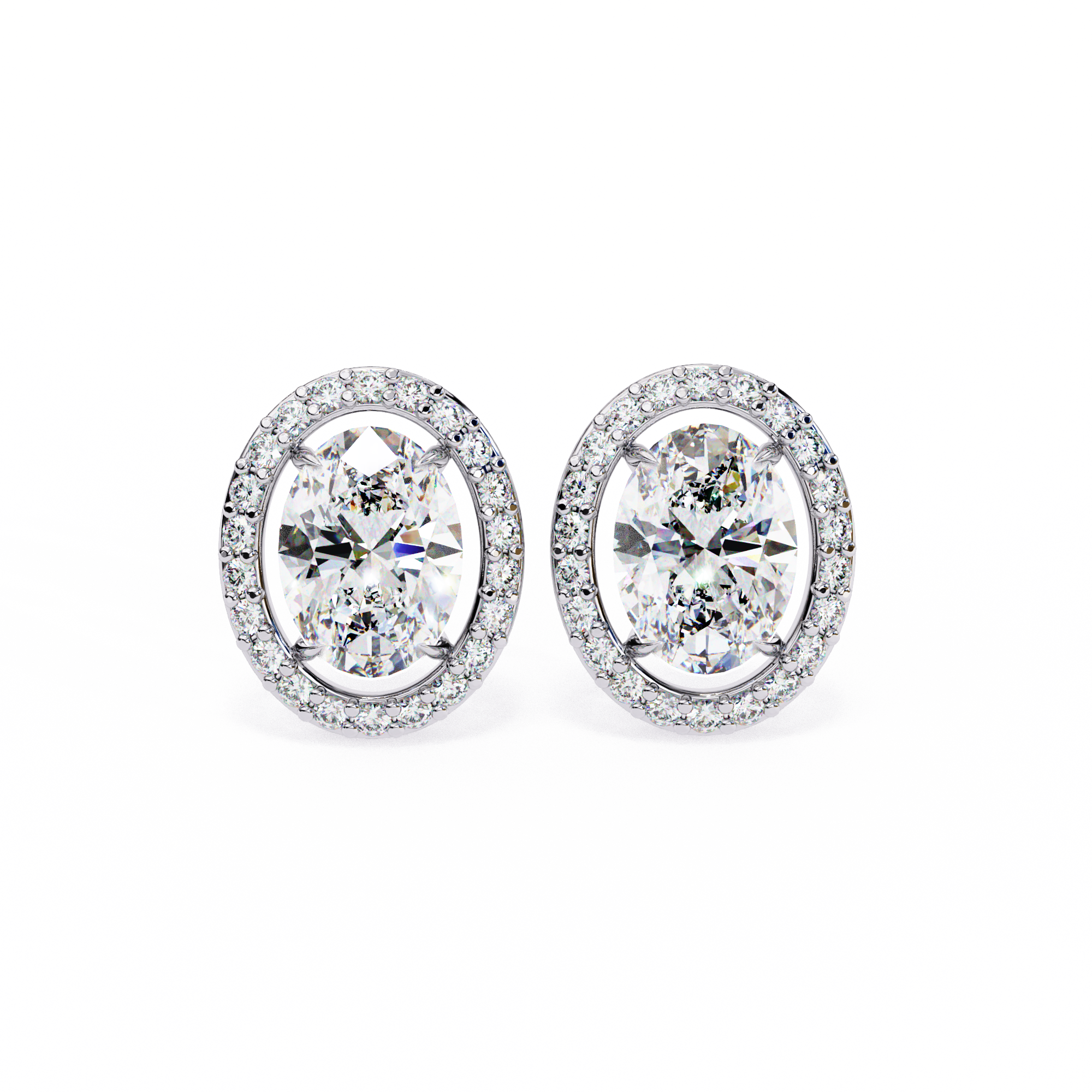 Oval Cut Diamond Floating Halo Stud Earrings in 18k White Gold