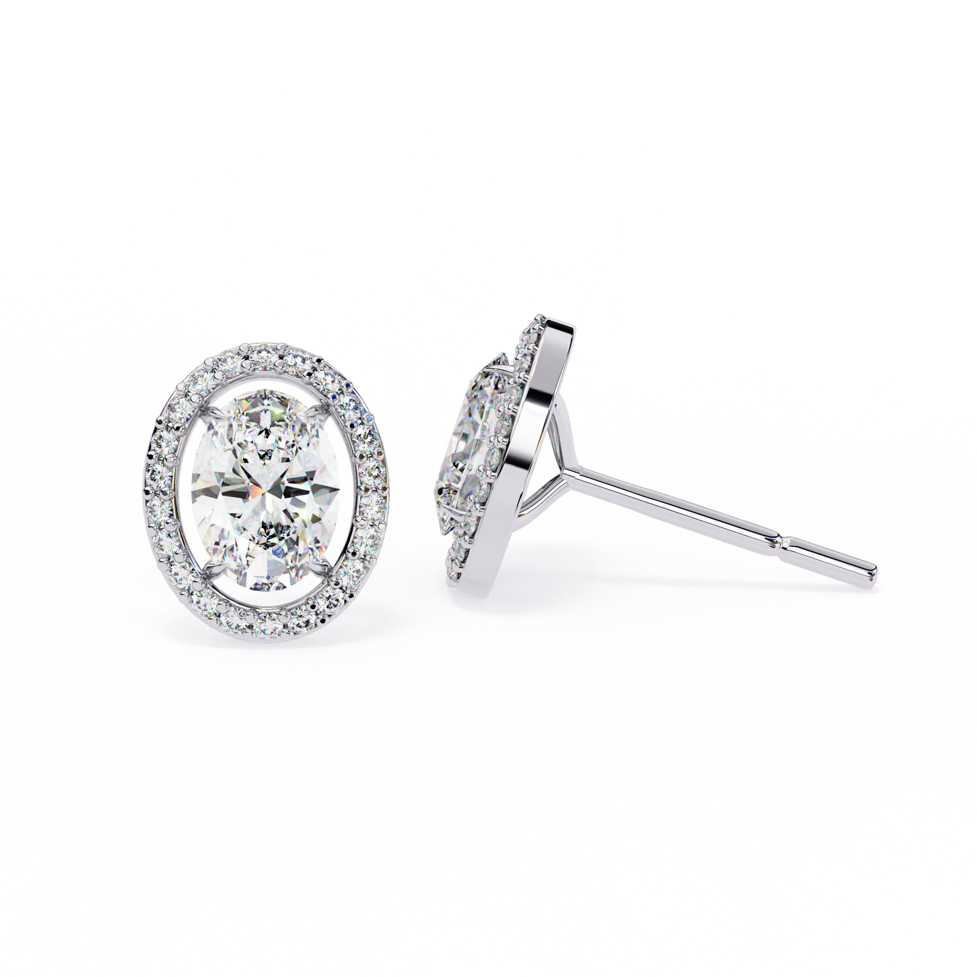 Oval Cut Diamond Floating Halo Stud Earrings in 18k White Gold
