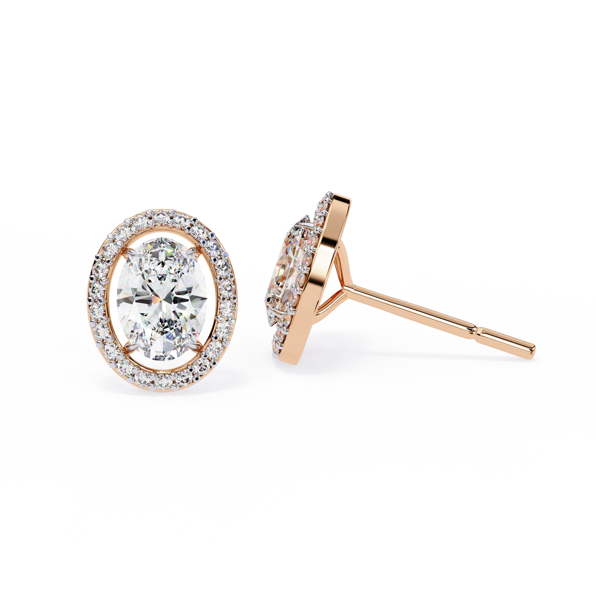 Oval Cut Diamond Floating Halo Stud Earrings in 18k White Gold