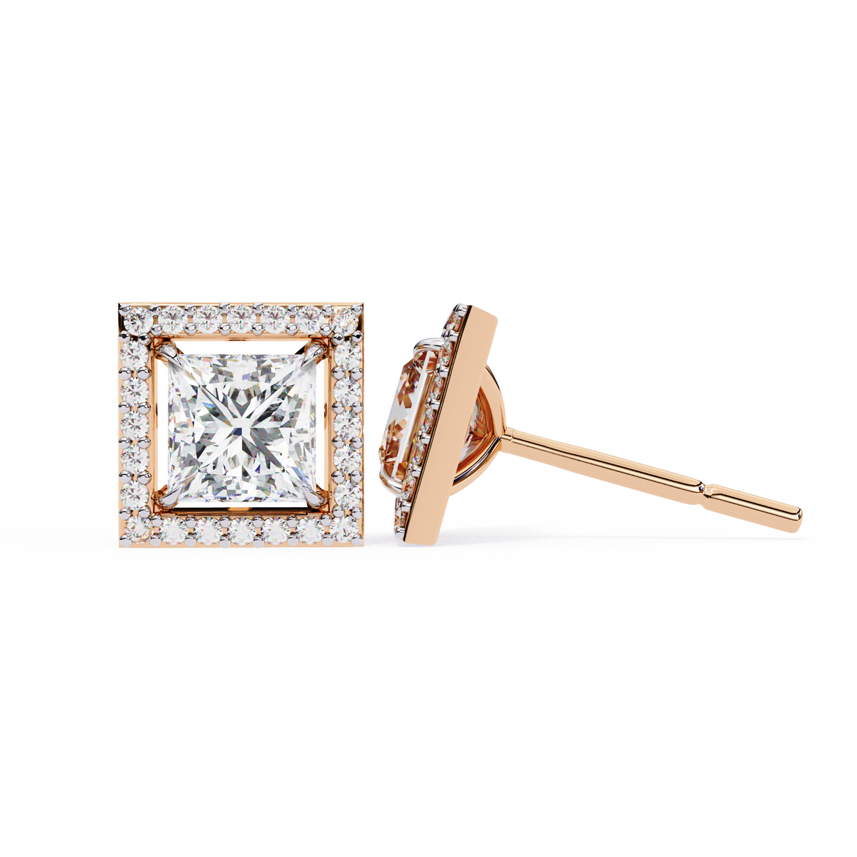 Architectural Princess Cut Open-Frame Halo Studs | Gold Geometric Fine Jewelry
