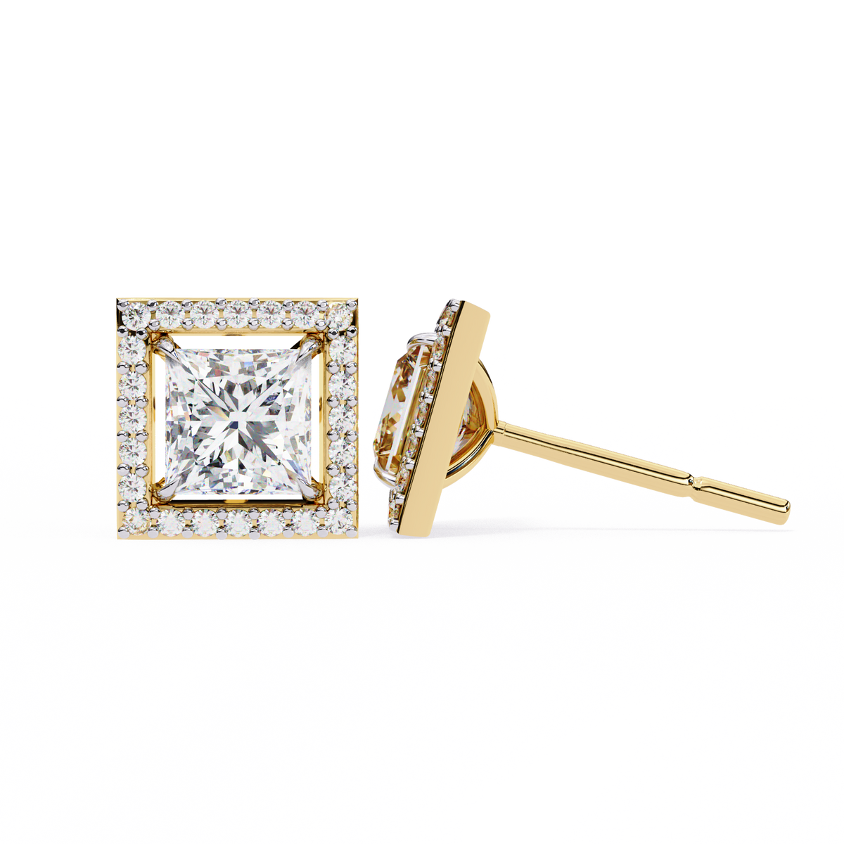 Architectural Princess Cut Open-Frame Halo Studs | Gold Geometric Fine Jewelry