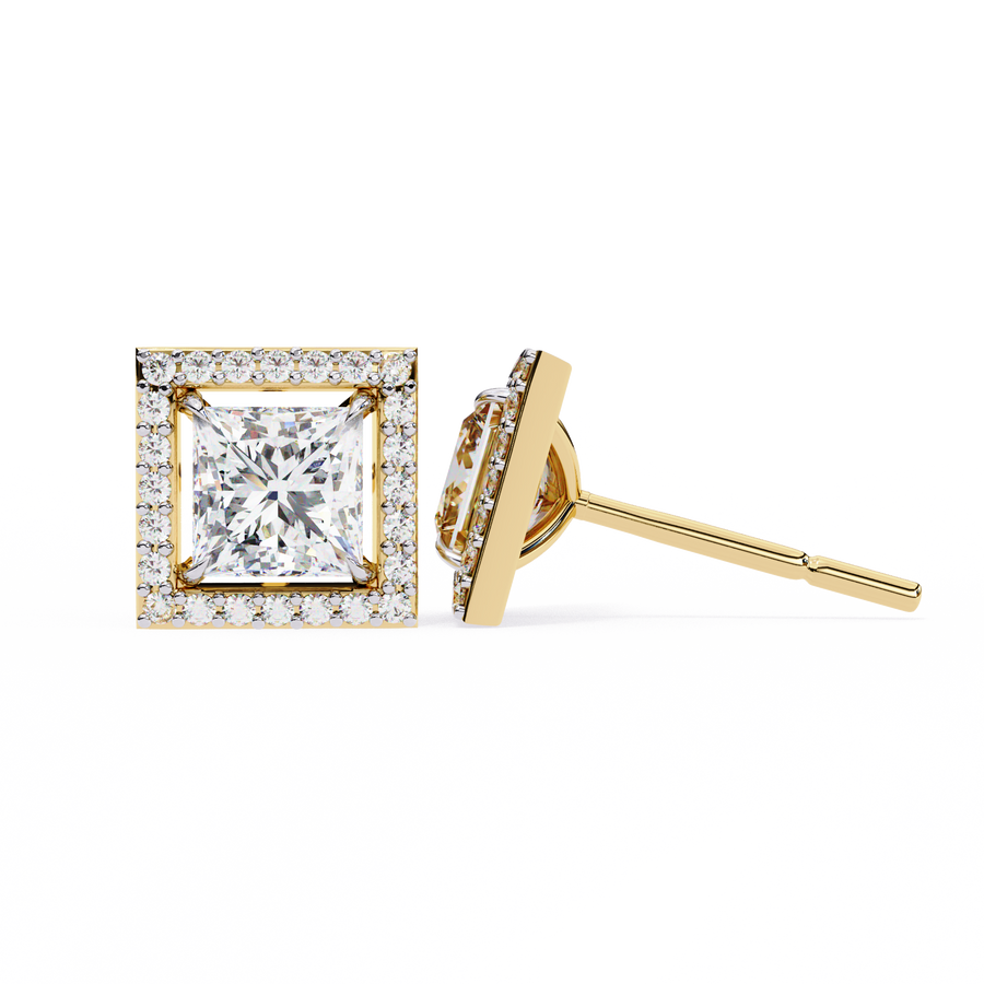 Architectural Princess Cut Open-Frame Halo Studs | Gold Geometric Fine Jewelry