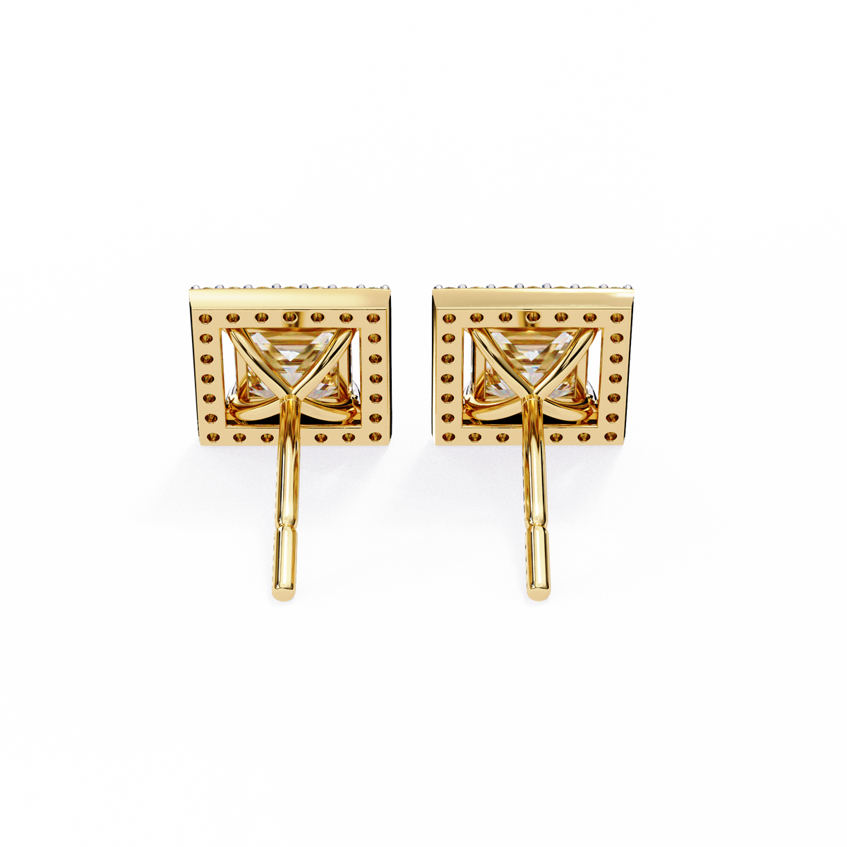Architectural Princess Cut Open-Frame Halo Studs | Gold Geometric Fine Jewelry