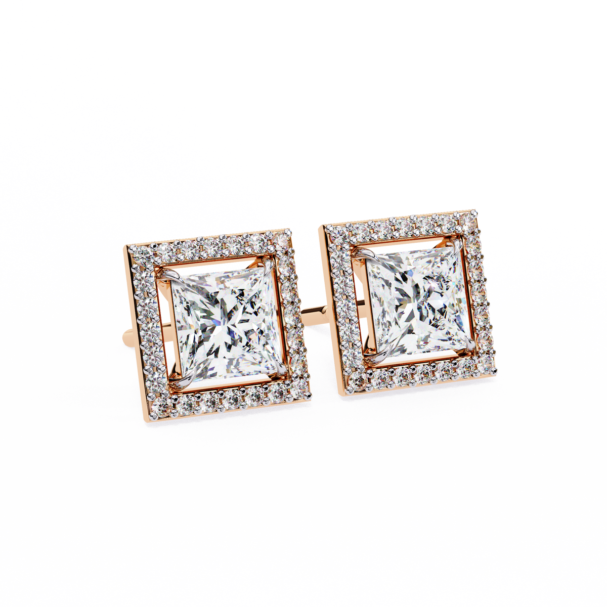 Architectural Princess Cut Open-Frame Halo Studs | Gold Geometric Fine Jewelry