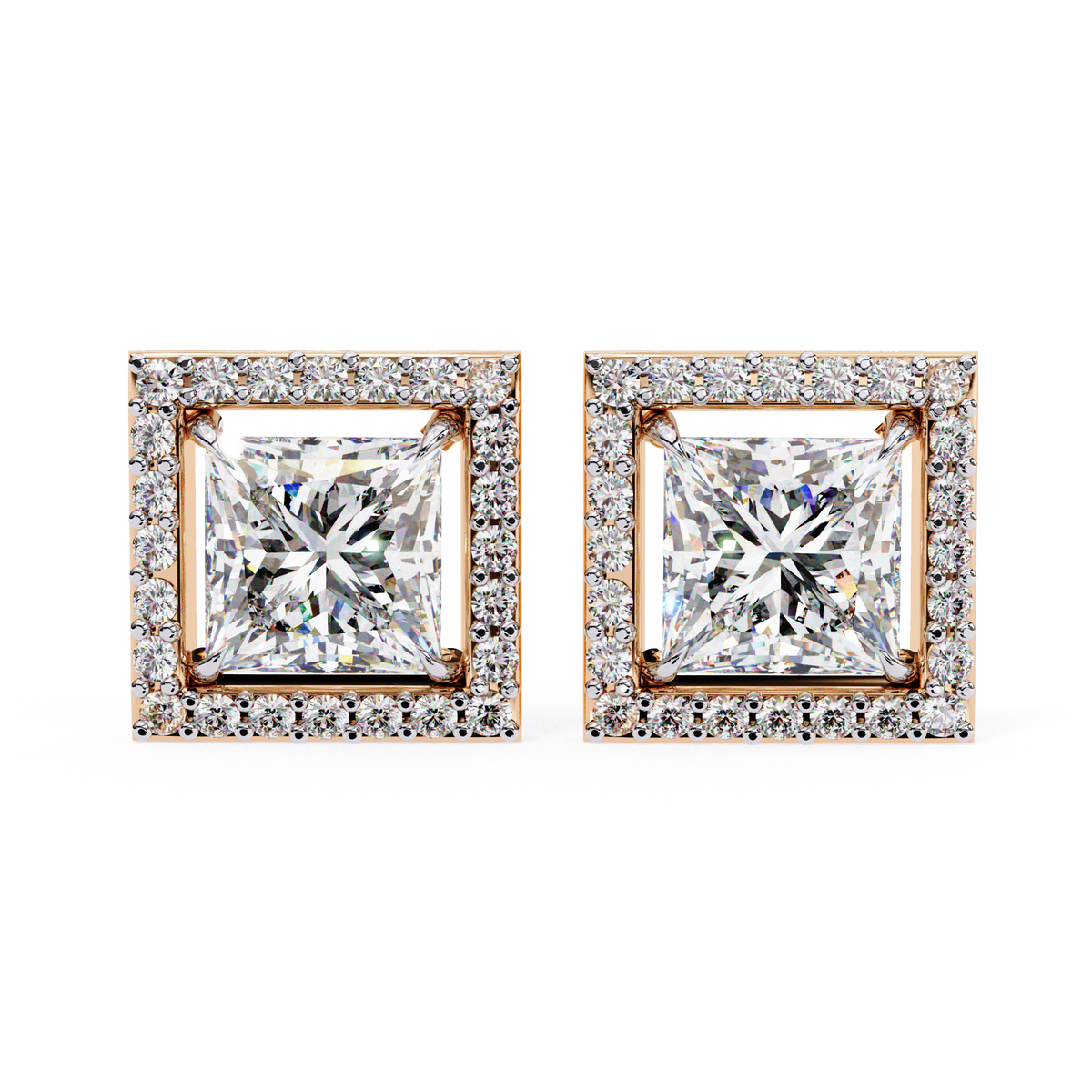 Architectural Princess Cut Open-Frame Halo Studs | Gold Geometric Fine Jewelry