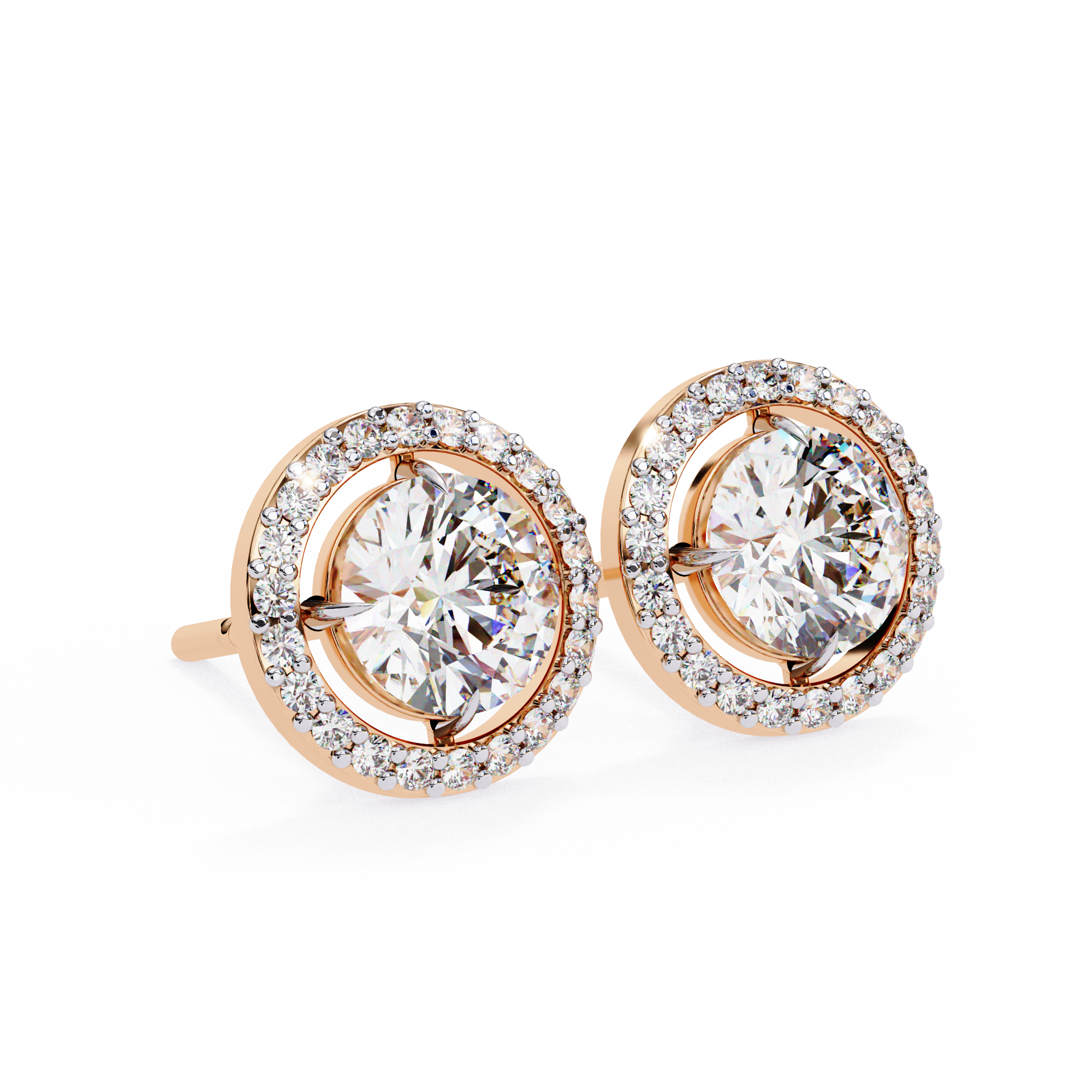 Round Cut Diamond Floating Circle Halo Stud Earrings in 18K Yellow Gold