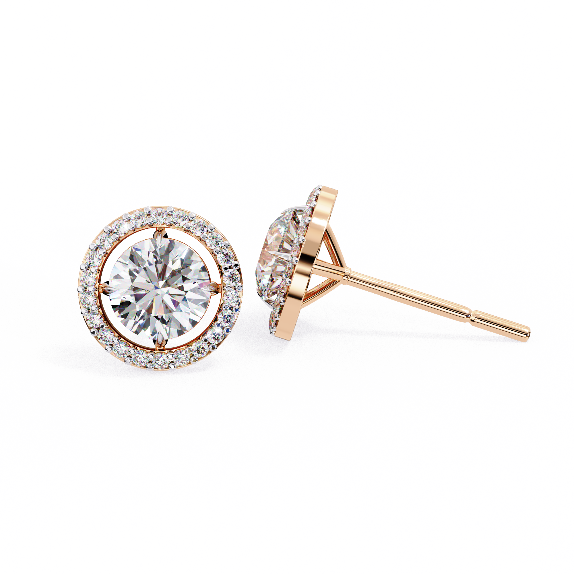 Round Cut Diamond Floating Circle Halo Stud Earrings in 18K Yellow Gold