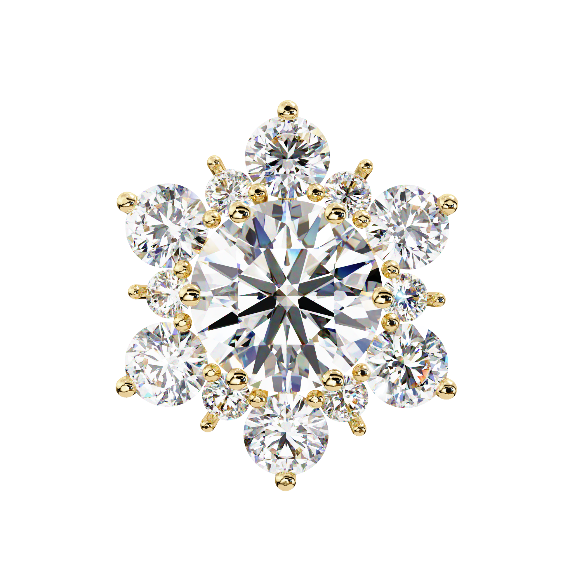 Floral Starburst Diamond Cluster Stud Earrings in Yellow Gold